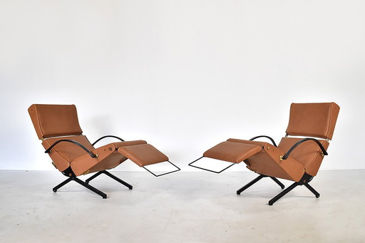 Paire de chaises longues P40 d'Osvaldo Borsani pour Tecno en cuir cognac, années 1960