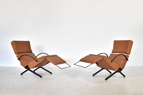Image 1 of Ein Paar P40 Lounge Chairs von Osvaldo Borsani für Tecno aus cognacfarbenem Leder, 1960er Jahre