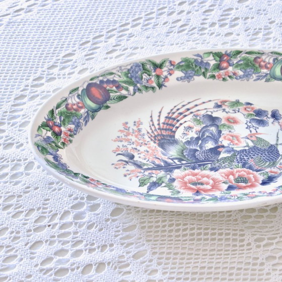 Image 1 of Grande vassoio ovale vintage italiano con decorazione di uccelli, fiori e frutta