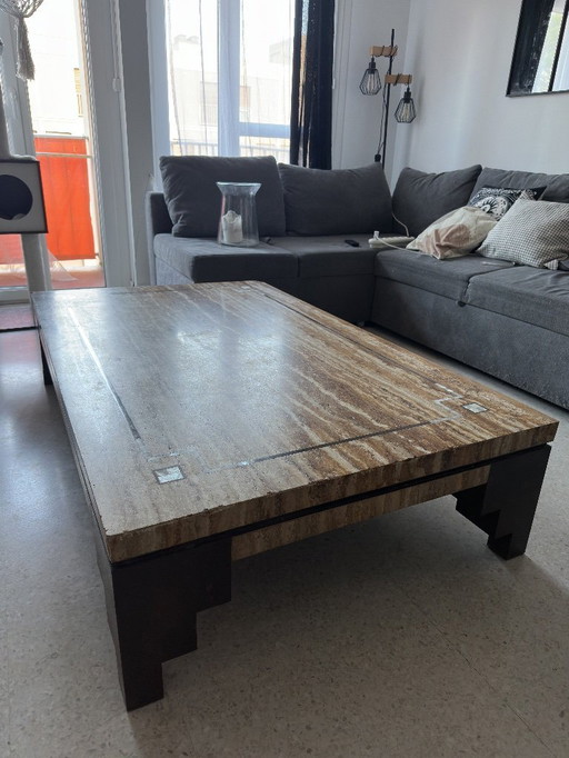 Travertine coffee table with mother-of-pearl inlays