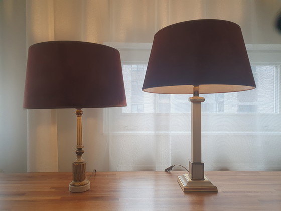 Magnifique ensemble éclectique de lampes colonnes Kullmann style Hollywood Regency années 70 – Metal, Textile (photo 4 of 30)