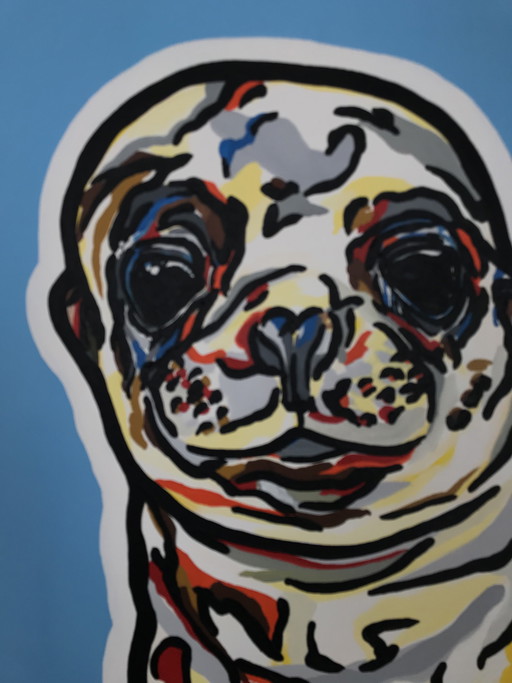 Painting of a sea lion and a frigatebird