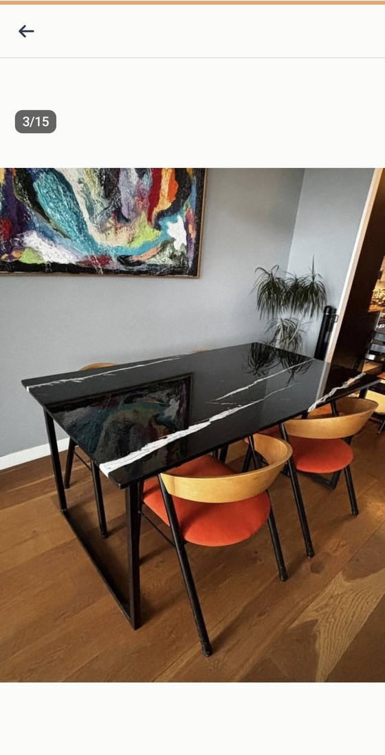 Image 1 of Table de salle à manger en marbre Nero Marquina, 160 x 90 cm, piètement en acier

