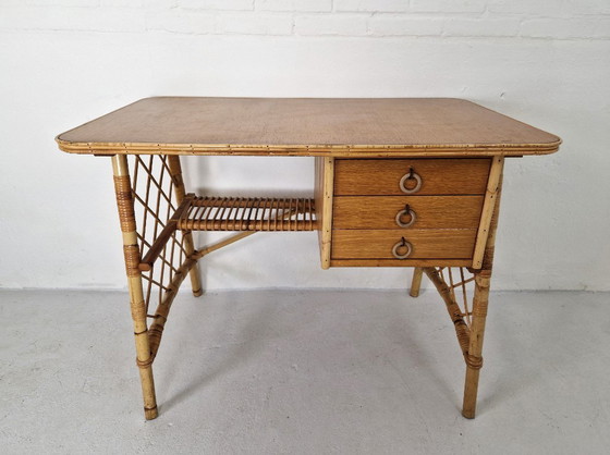 Image 1 of Vintage Louis Sognot Desk, Rattan 1960s