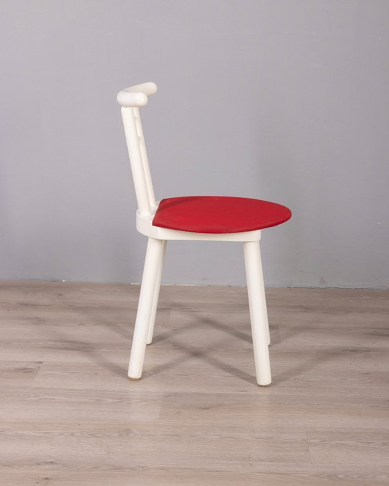 Image 1 of Set di 4 sedie vintage anni '80 in legno e vinile rosso, design italiano.