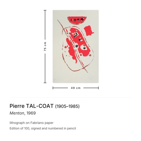 Lithographie signée de Pierre Tal-Coat, Menton, 1969 – Lithographies et sérigraphies, Paper (photo 3 of 5)