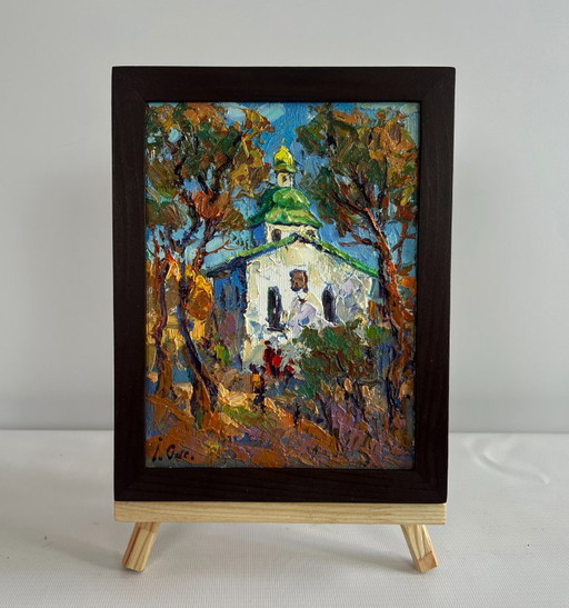 Original Oil Painting Autumn Church Landscape Autumn church bells
