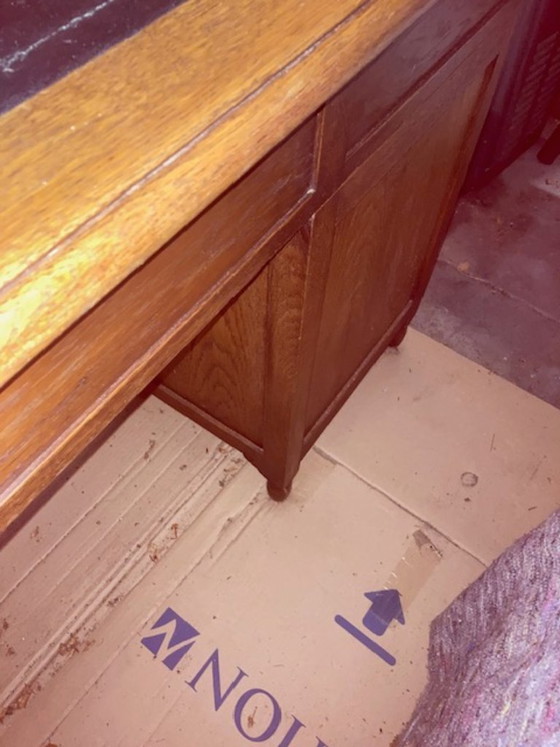 Antiek Engelse Jacobean Bureau-Plat., Wandlampen, Hout, Leer, Bruin, Vintage (foto 22 van 22)