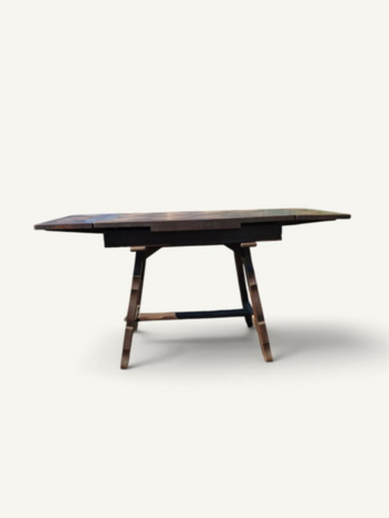 Rustic Oak Parquet Dining Table with Two Extensions – Wood (photo 5 of 5)