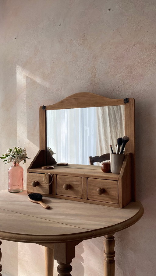 Estantería de pared antigua con espejo y 3 cajones - estilo tocador