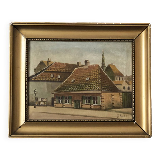 Grande peinture à l'huile originale d'époque représentant un cottage à la campagne, vers 1923
