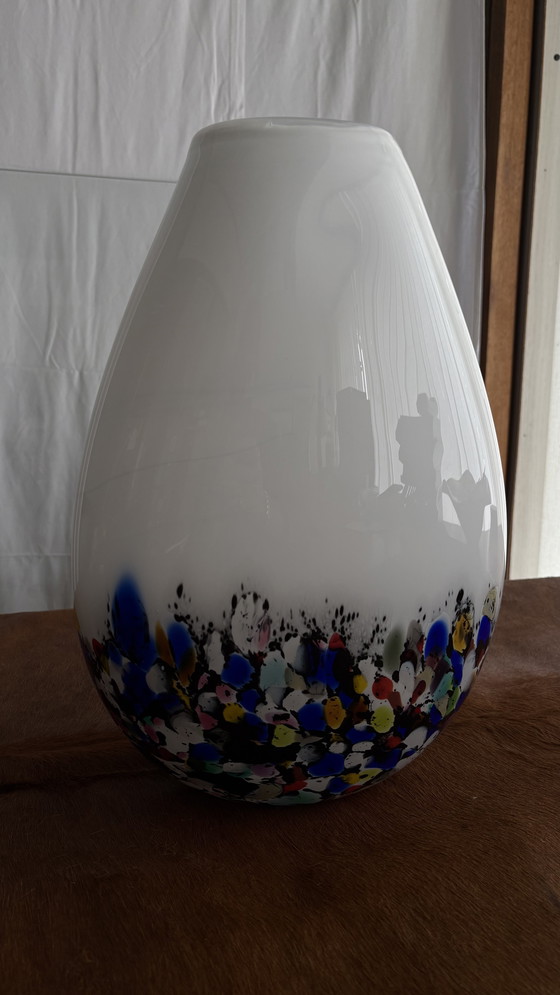 Image 1 of Murano style milk glass vase with colorful confetti decoration