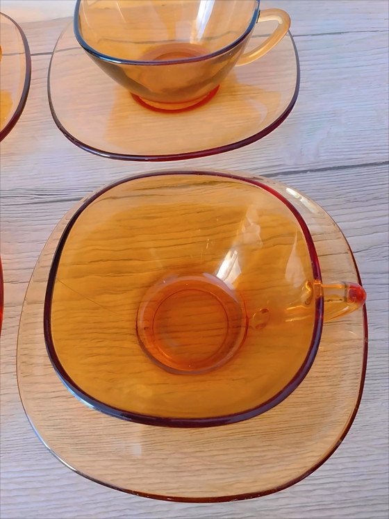 Image 1 of Vintage Vereco France Amber Glass Coffee Cups & Saucers — Set of 6