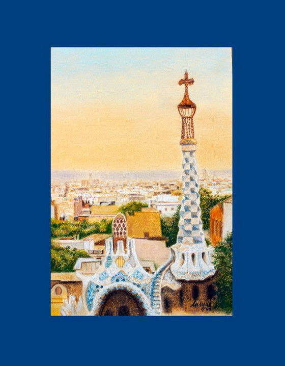 Image 1 of Drawing of Barcelona as seen from Park Güell. Park Güell drawing. Pastel drawing of Barcelona. Painting of Barcelona.
