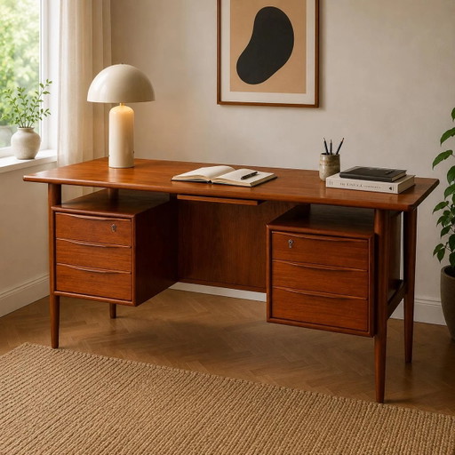Bureau en teck Peter Løvig Nielsen, Danemark années 1960, autoportant, bureau de direction Mid Century Modern, signé