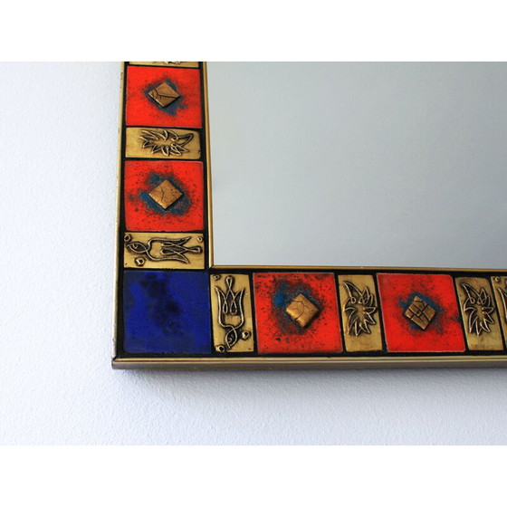 Image 1 of Square vintage mirror in gilded brass and glazed ceramic, 1970