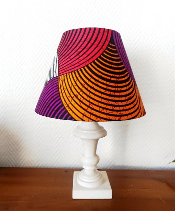 Image 1 of Vintage albasten lamp met lampenkap van wasstof.