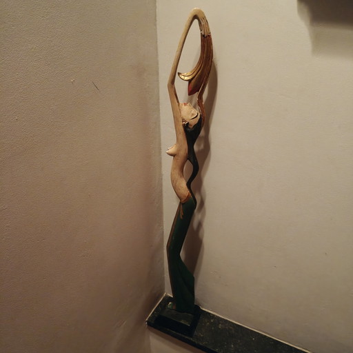 Art Deco wooden dancer statue – Balinese style, hand-carved, marble base, 70cm – beeldhouwkunst (photo 2 of 13)