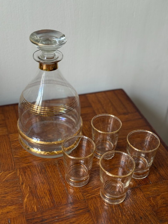Image 1 of Art Deco style decanter and 8 gold-rimmed liqueur glasses