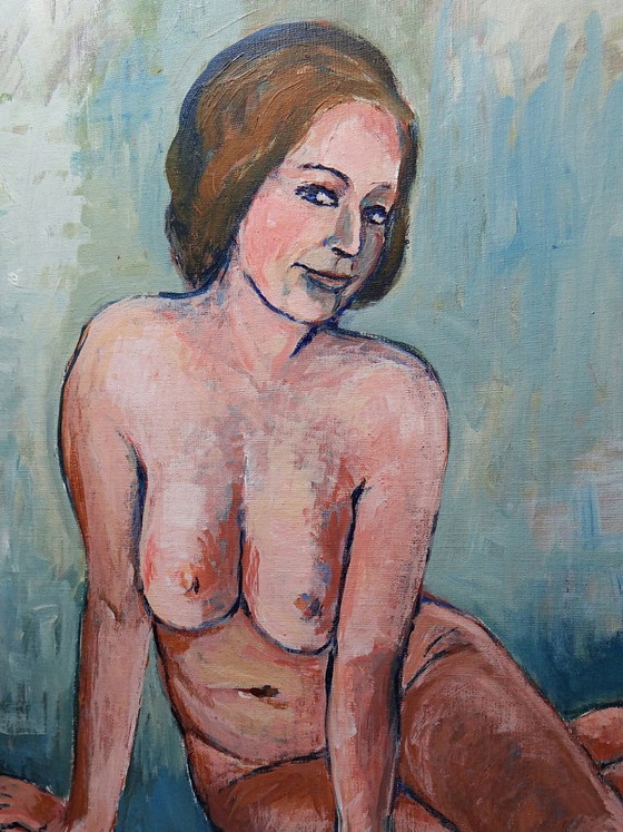 Image 1 of Vintage seated nude portrait painting, modern oil on canvas board