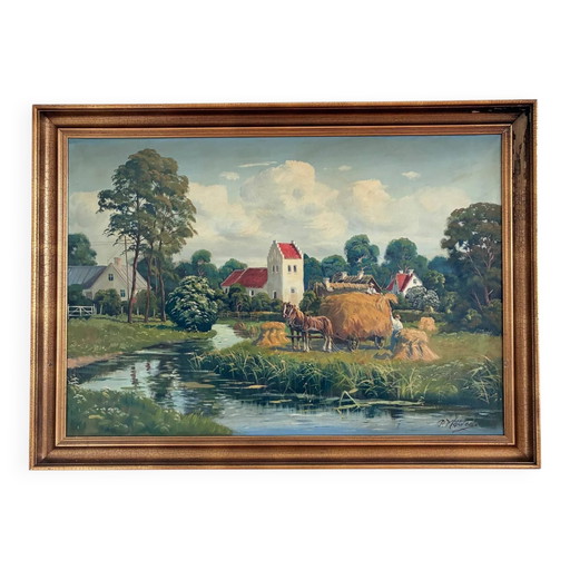 Peinture à l'huile originale vintage de grand paysage, signée, art champêtre