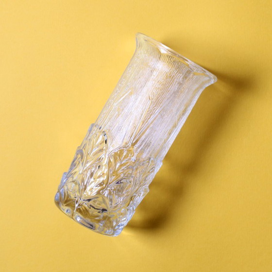 Image 1 of Vintage Clear Leaf Pattern Textured Glass Flower Vase / Fidenza / Italy / 1970s