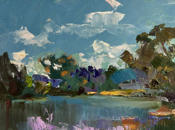 Image 1 of Original Oil Painting Summer Nature Landscape River with boats along the shore