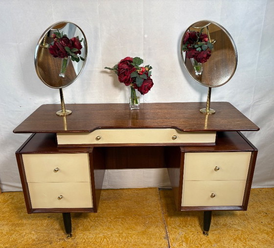 Image 1 of Mid-Century Retro Vintage Teak Dressing Table by G Plan – “White China” Librenza Range 1950  Golden Maker’s Mark • Italian Desig