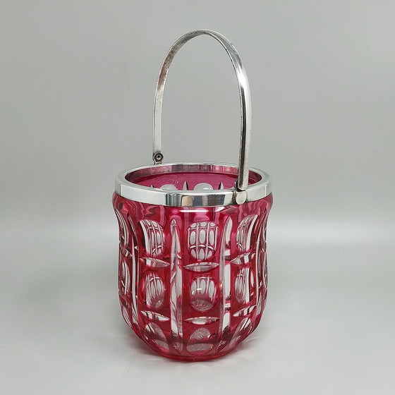 Image 1 of 1960s Gorgeous Bohemian Red Cut Crystal Glass Cocktail Shaker With Ice Bucket. Fabriqué en Italie