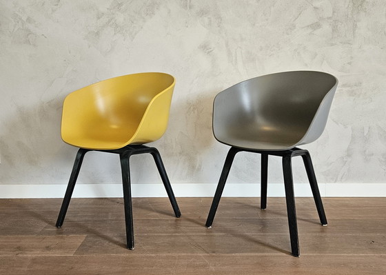 Image 1 of 6 Pieces Hay Dining Chairs (3x Gray / 3x Yellow) With Black Oak Frame