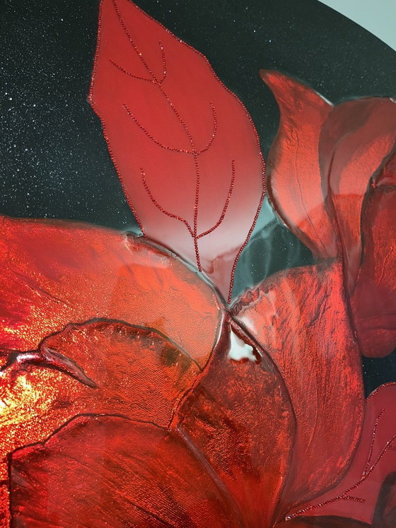 Image 1 of Grande décoration murale florale rouge – Peinture florale texturée avec feuille d'or