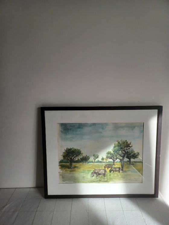 Image 1 of Serene watercolor with grazing cows – Bauwens ’36 – 43x52 cm”