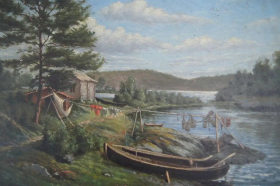 Spätes 19. Jahrhundert "Trapper's Refuge at the Water's Edge" Landschaftsölgemälde von Georges Caminade (photo 3 of 11)