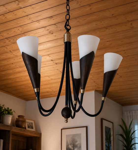 Image 1 of Bonalux Mid Century Trompetkroonluchter – Hanglamp met 5 vlammen uit de jaren 60/70