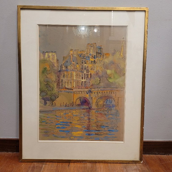 Image 1 of Aquarelle sur papier « Pont Marie, Paris », post-impressionnisme, signée Gilis, 1962 - France