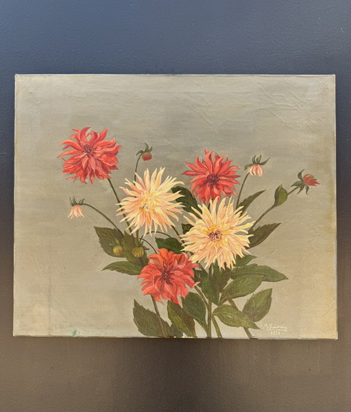 Antique painting of peonies, oil on canvas