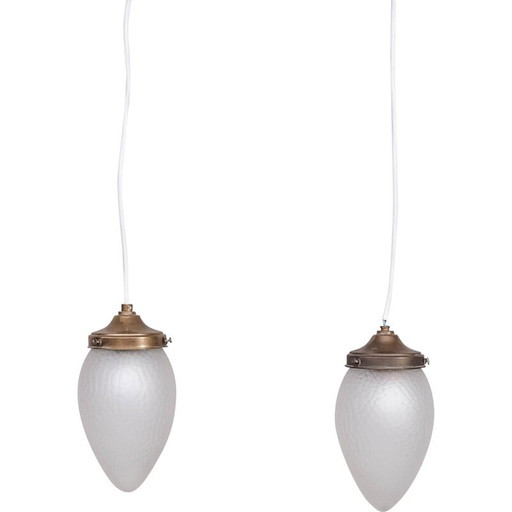 Paar vintage Zweedse hanglampen van glas en messing, jaren 1930