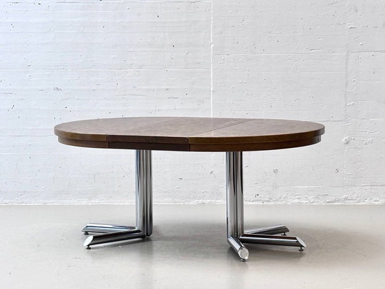 Dieter Wäckerlin Extendable Table – Wood Mosaic & Chrome, Switzerland, 1960s – Dining tables, Vintage (photo 9 of 13)