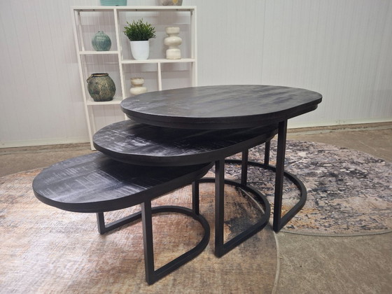Image 1 of Sturdy oval coffee table set made of mango wood and metal, new