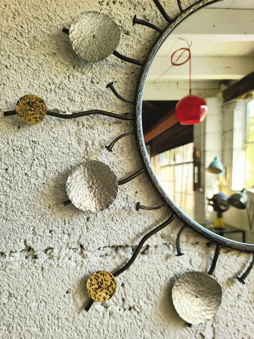 Handcrafted Sun Mirror - Unique Piece Iron Brass Aluminum