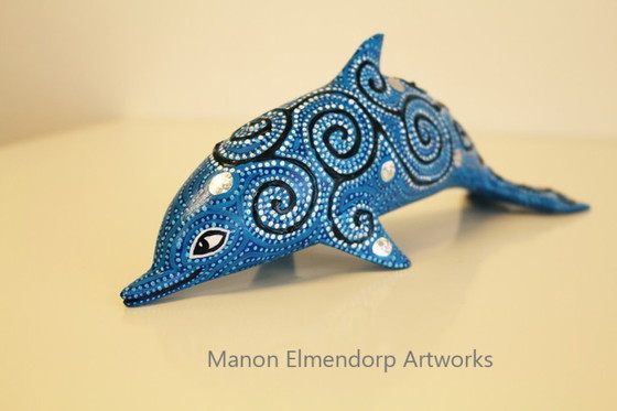 Image 1 of Handbeschilderd Beedje "Little Blue Dolphin" Nieuw Kunst