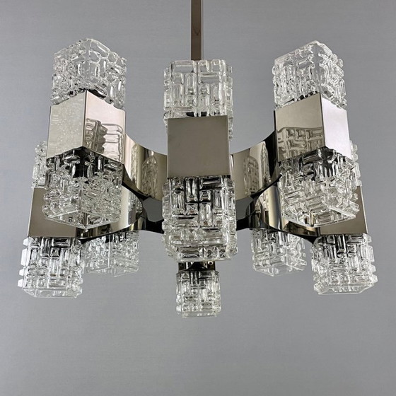 Image 1 of Italian 1970s Chandelier Attributed to Targetti, 16 Lights, Art Glass & Chrome Steel. Modernist Design