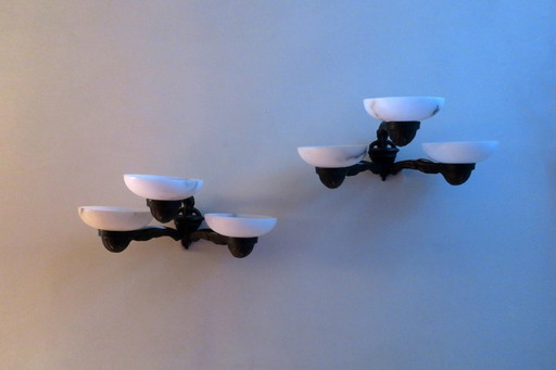 Pair of Antique Bronze & Alabaster 3-Arm Wall Lights, 1910