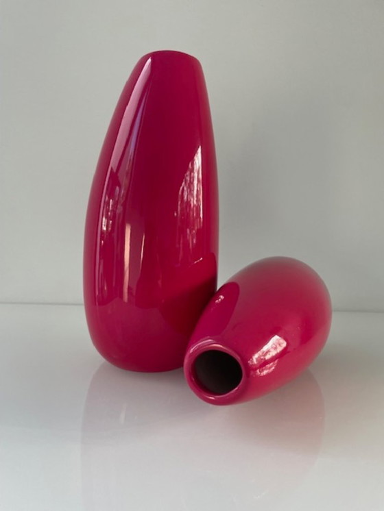 Image 1 of Set of 2 organic bright pink design vases