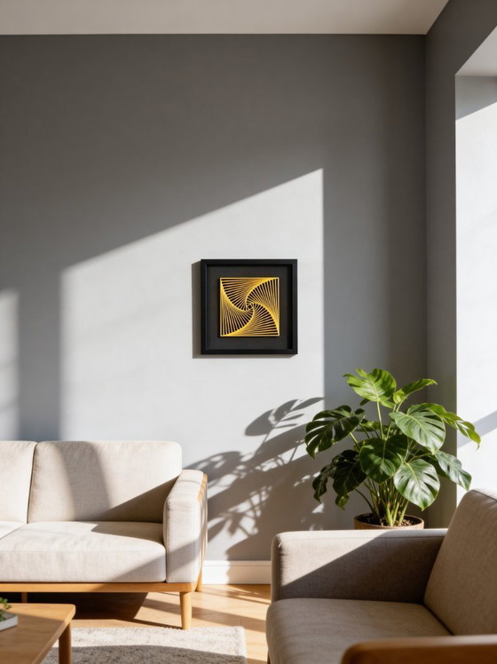 Image 1 of 3D-geprinte gele spiraalvormige wanddecoratie – geometrisch ingelijst kunstwerk, PLA-sculptuur