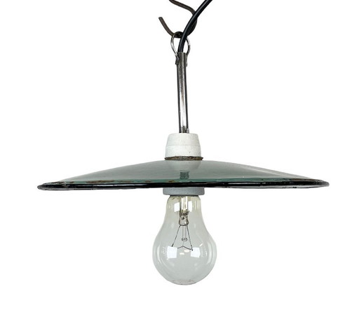 Industriële hanglamp met petroleumkleurige emaille afwerking, jaren 70