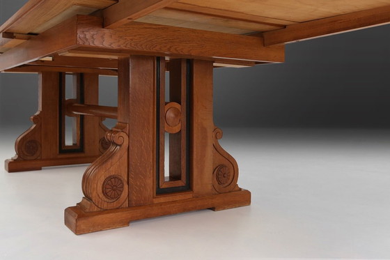 Image 1 of Table de salle à manger extensible Art déco en chêne massif, années 1940