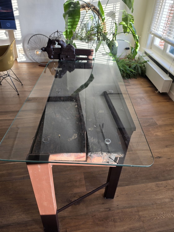Image 1 of Authentic industrial workbench / dining table with original vise – approx. 100+ years old