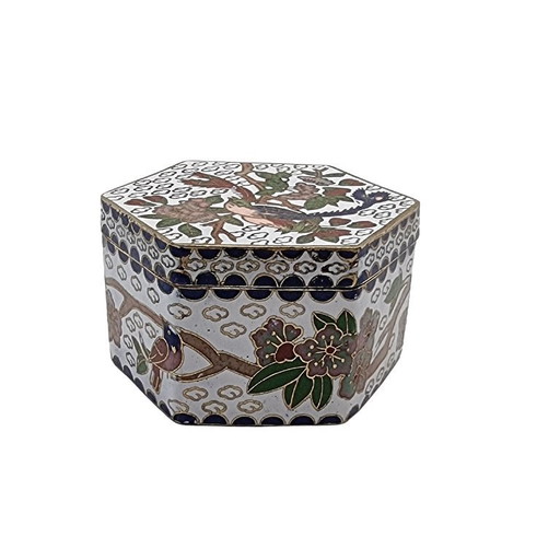 Sechseckige Cloisonné-Schmuckschatulle mit Vogelmotiv
