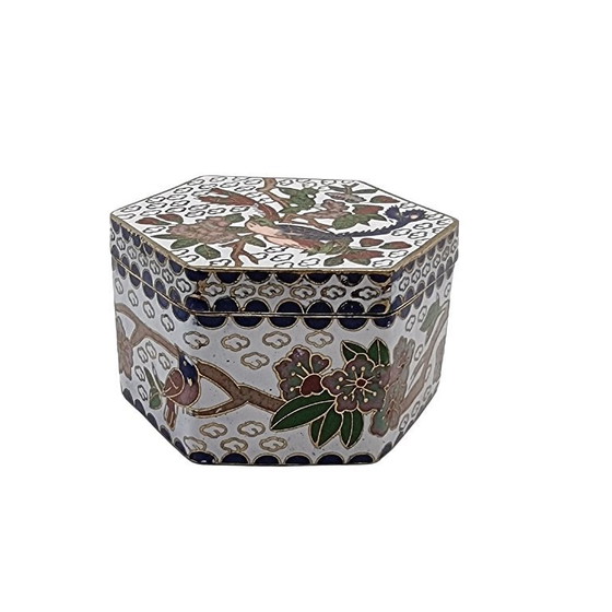 Image 1 of Sechseckige Cloisonné-Schmuckschatulle mit Vogelmotiv